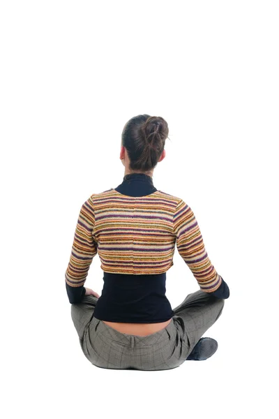 Sitting Young Woman Looks Afar Rear View Isolated White — Stock Photo, Image