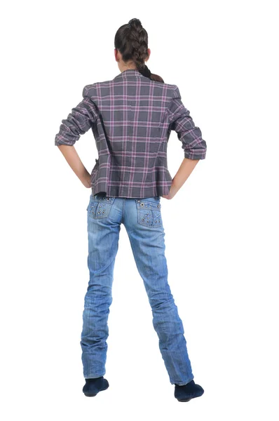 Beautiful Young Brunette Checkered Jacket Looks Distance Rear View Isolated — Stock Photo, Image