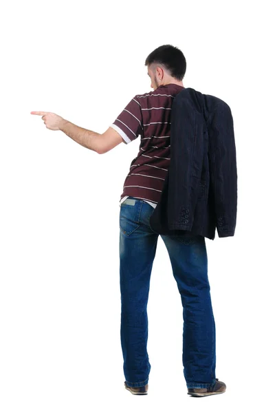 Young Man Pointing Wall Rear View Isolated White — 스톡 사진