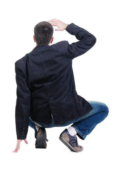 Εξισορρόπηση Νεαρός Άνδρας Στο Σακάκι Πίσω Όψη Απομονωθεί Λευκό — Φωτογραφία Αρχείου