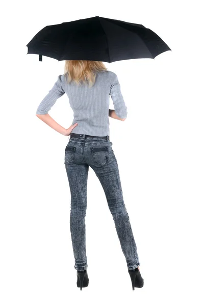 傘の下の金髪の若い女性。白で隔離. — ストック写真