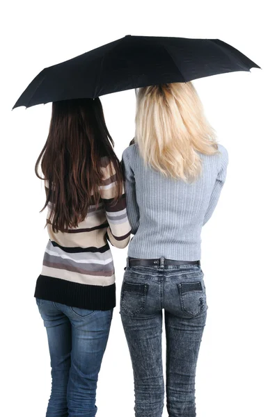 Two women under an umbrella. Rear view. — Stock Photo, Image
