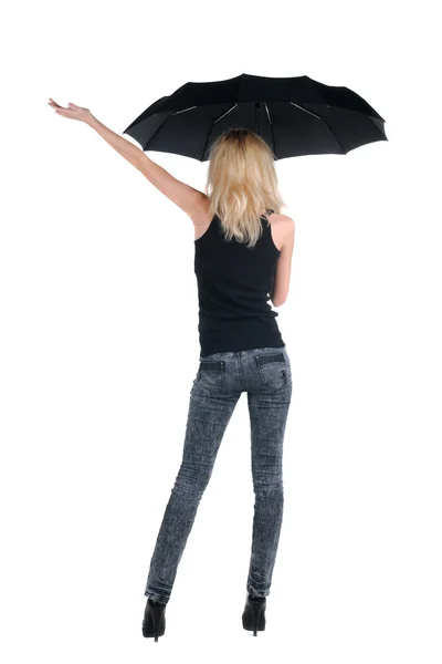 傘の下の金髪の若い女性。白で隔離. — ストック写真