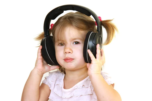 Cute Little Girl Earphones Isolated White Stock Picture
