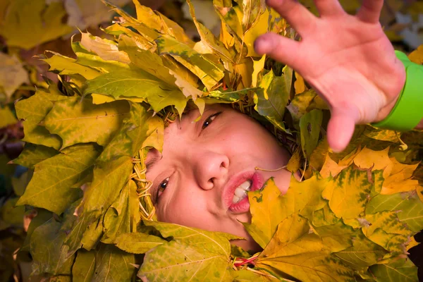 Woman covered by autumnal leaves — Stock Photo, Image