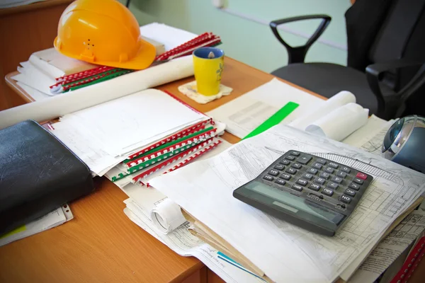 Pulpit Inżynier Budowy Dokumentów Kalkulator Foldery Rysunki — Zdjęcie stockowe