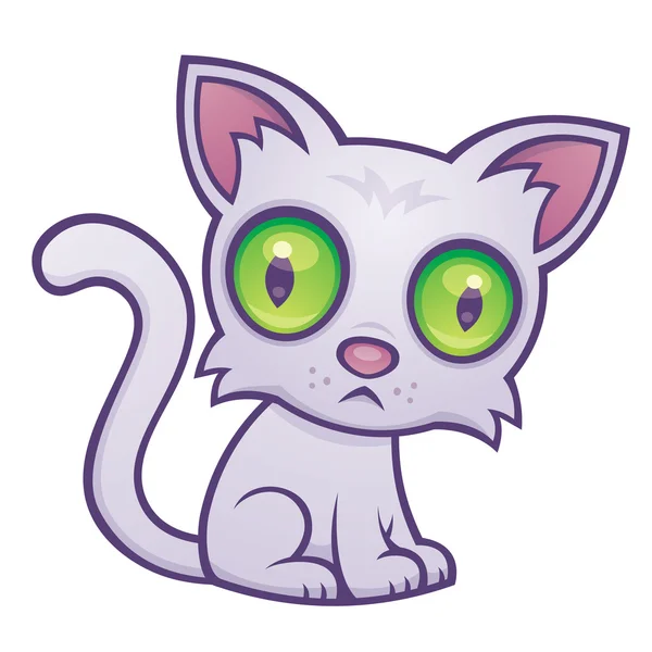 Büyük Yeşil Gözlü Sevimli Kedi Yavrusu Vektör Karikatür Çizim — Stok Vektör