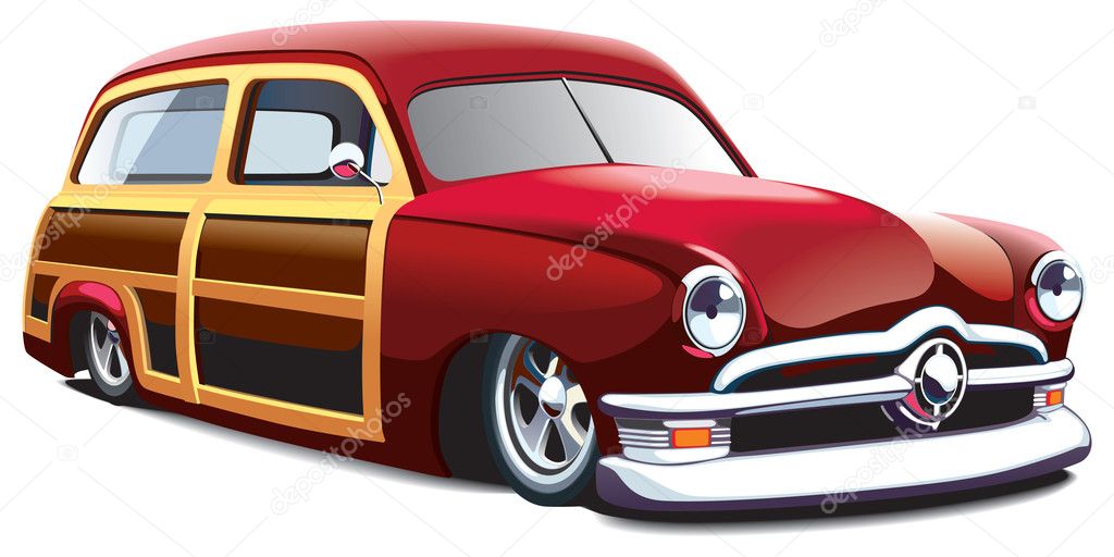 Vectorial image of old-fashioned car with wooden body, isolated on white background. File contains gradients and blends. No strokes.
