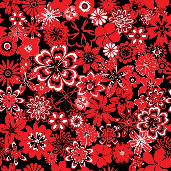 Kırmızı ve siyah çiçekli kusursuz desen — Stok Vektör