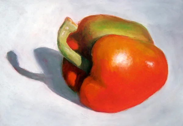 明亮的橙色和绿色辣椒的蜡笔绘画 — 图库照片