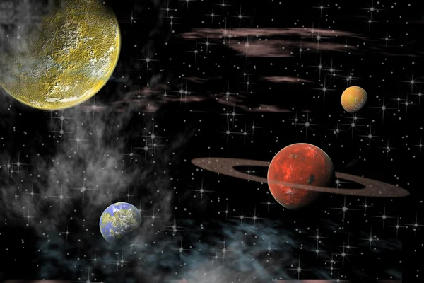 Views of the universe with several planets on a background of stars — Stock Photo, Image