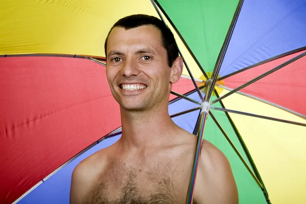 Joven Hombre Feliz Con Paraguas Imagen Estudio — Foto de Stock
