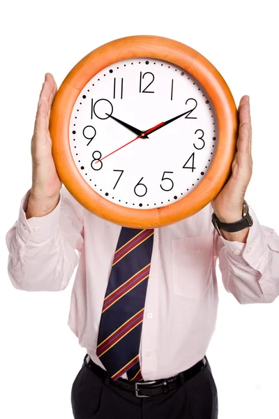 Caucasian Man Wearing Suit Holding Clock Head — Stock Photo, Image