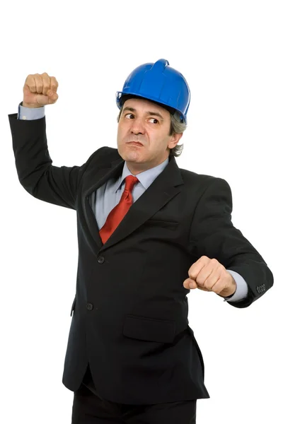 Engenheiro Com Chapéu Azul Isolado Branco — Fotografia de Stock