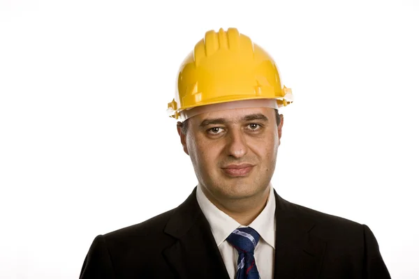 Engenheiro Com Chapéu Amarelo Isolado Branco — Fotografia de Stock