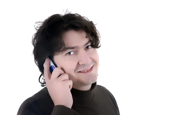 Uomo Telefono Uno Sfondo Bianco — Foto Stock