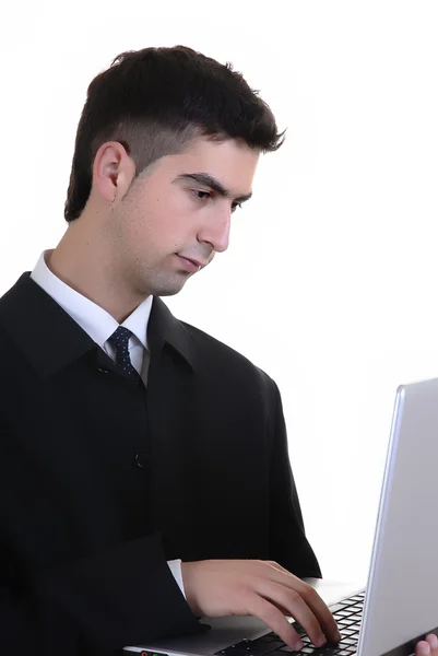 Bilgisayar Beyaz Bir Arka Planda Çalışan Adam — Stok fotoğraf