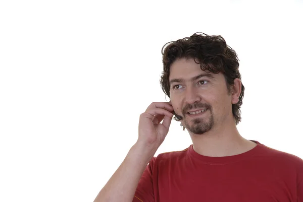 Muž Bílém Pozadí Volání Telefonu — Stock fotografie