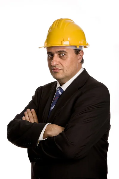 Ingeniero Con Sombrero Amarillo Aislado Blanco —  Fotos de Stock