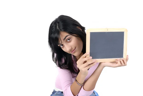 Young Girl Blackboard White Background — Stock Photo, Image