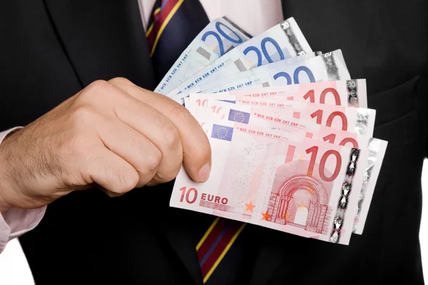 Szczegóły Ręce Człowieka Pieniędzy Banknotów Euro — Zdjęcie stockowe