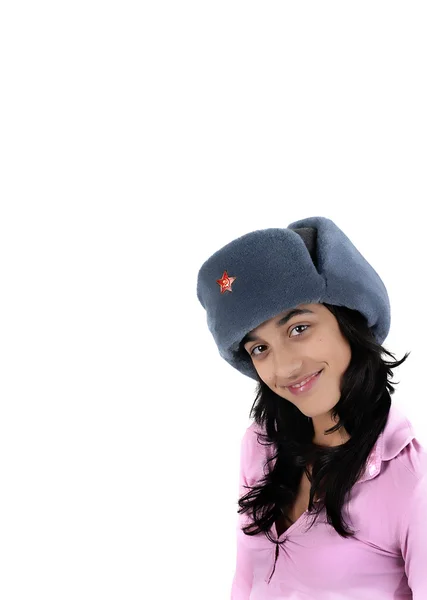 年轻的女孩 与俄罗斯的帽子画像 — 图库照片