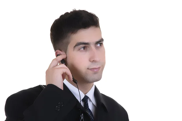 白い背景の上の携帯電話でビジネス男 — ストック写真