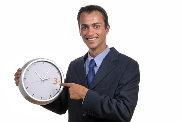 Jovem Homem Negócios Bonito Segurando Relógio — Fotografia de Stock