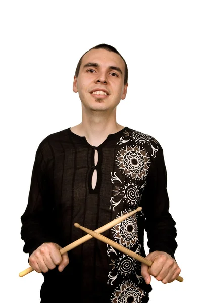 Junger Schlagzeuger Porträt Isoliert Auf Weiß — Stockfoto