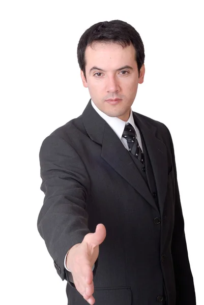 Homem Oferecendo Mão Isolada Branco Foco Cabeça — Fotografia de Stock