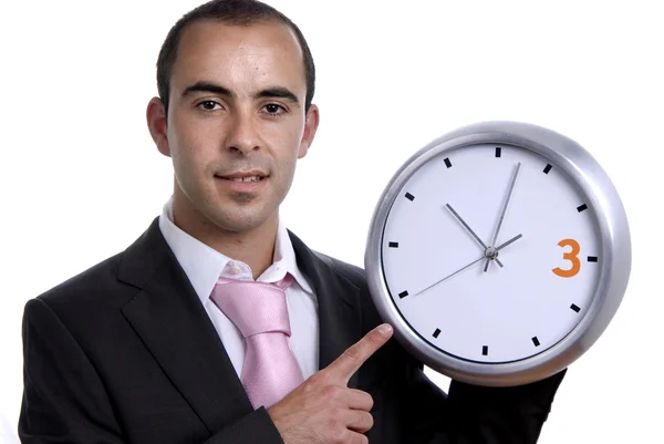 Homem Negócios Bonito Segurando Relógio — Fotografia de Stock