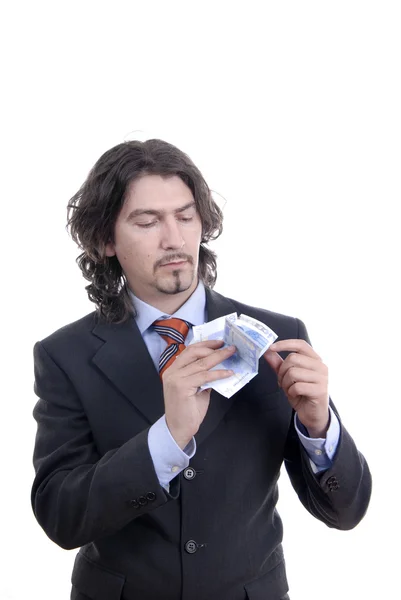 Homem Negócios Segurando Dinheiro Isolado Branco — Fotografia de Stock