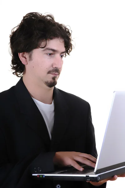 与个人电脑的年轻商业男人肖像 — 图库照片