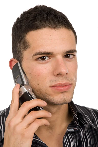 Genç Casual Adam Telefonda Üzerinde Beyaz Izole — Stok fotoğraf