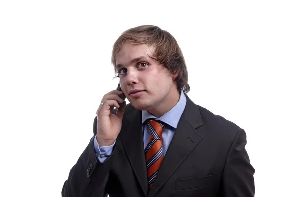 白い背景で電話の若い男 — ストック写真