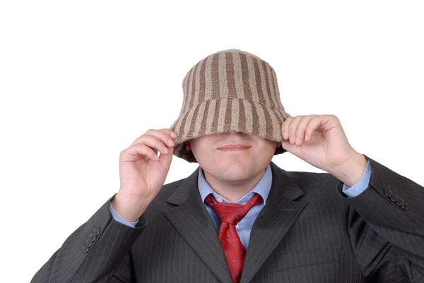 Ung Man Stående Med Konstig Hatt Isolerad Vit — Stockfoto