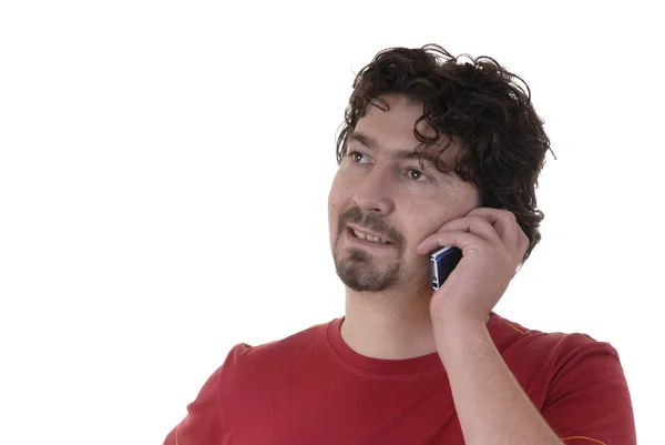 Ung Man Ringer Telefon Vit Bakgrund — Stockfoto