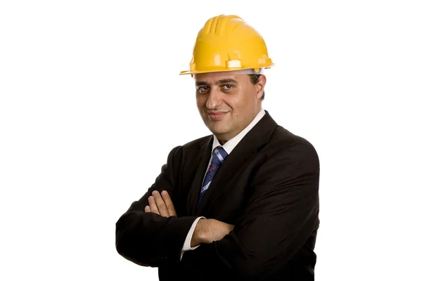 Ingeniero Con Sombrero Amarillo Aislado Blanco —  Fotos de Stock