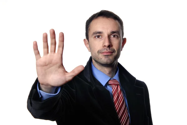 Man Met Hand Open Geïsoleerd Wit — Stockfoto