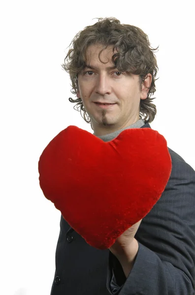 Mann Mit Rotem Herz Der Hand Auf Weißem Hintergrund — Stockfoto