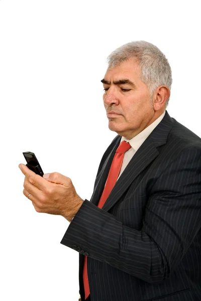 Mature Man Phone White Background — Stock Photo, Image