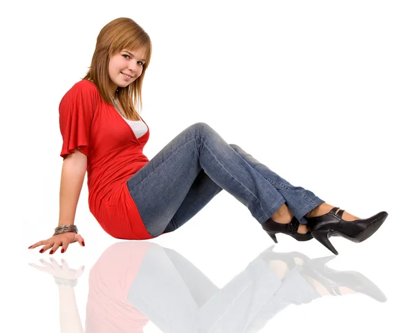 Young Casual Woman Seated Isolated White — Stock Photo, Image