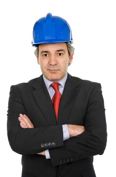Ingeniero Con Sombrero Azul Aislado Blanco — Foto de Stock