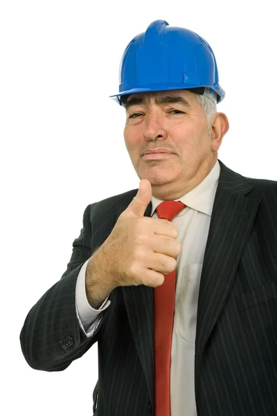 工程师与蓝色的帽子 白色上孤立 — 图库照片