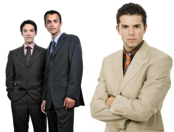 Drei Geschäftsmann Isoliert Auf Weißem Hintergrund Fokus Auf Den Richtigen — Stockfoto