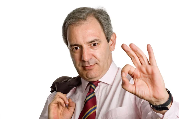 Reifer Geschäftsmann Zeigt Seine Hand Isoliert Auf Weiß — Stockfoto