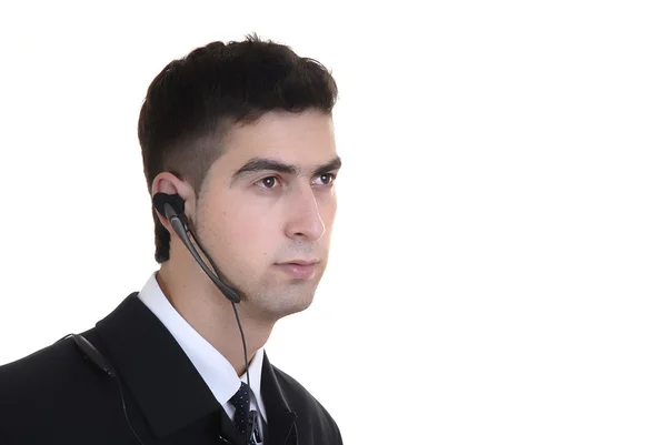 白い背景の上の携帯電話でビジネス男 — ストック写真