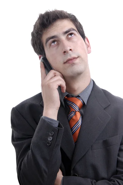Junger Lässiger Mann Telefon Isoliert Auf Weiß — Stockfoto