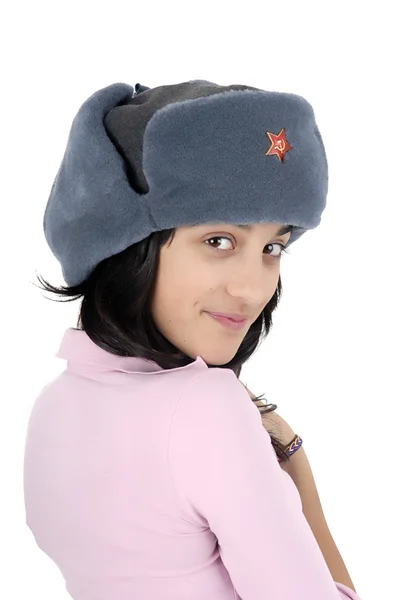 年轻的休闲女孩与俄罗斯的帽子 — 图库照片