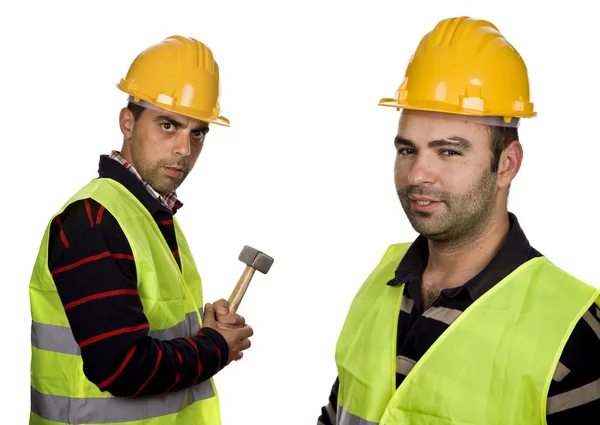 Werknemers Met Gele Veiligheidshelm Een Witte Achtergrond — Stockfoto